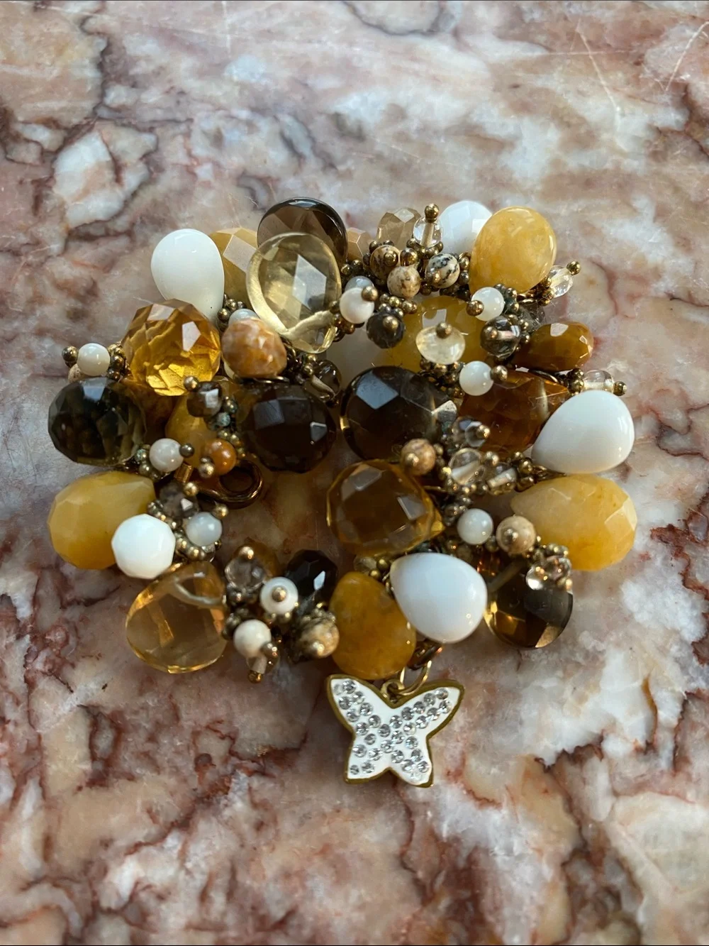 Chunky Cluster Beaded Bracelet Amber/White Smokey Quartz Tone  & Butterfly Charm